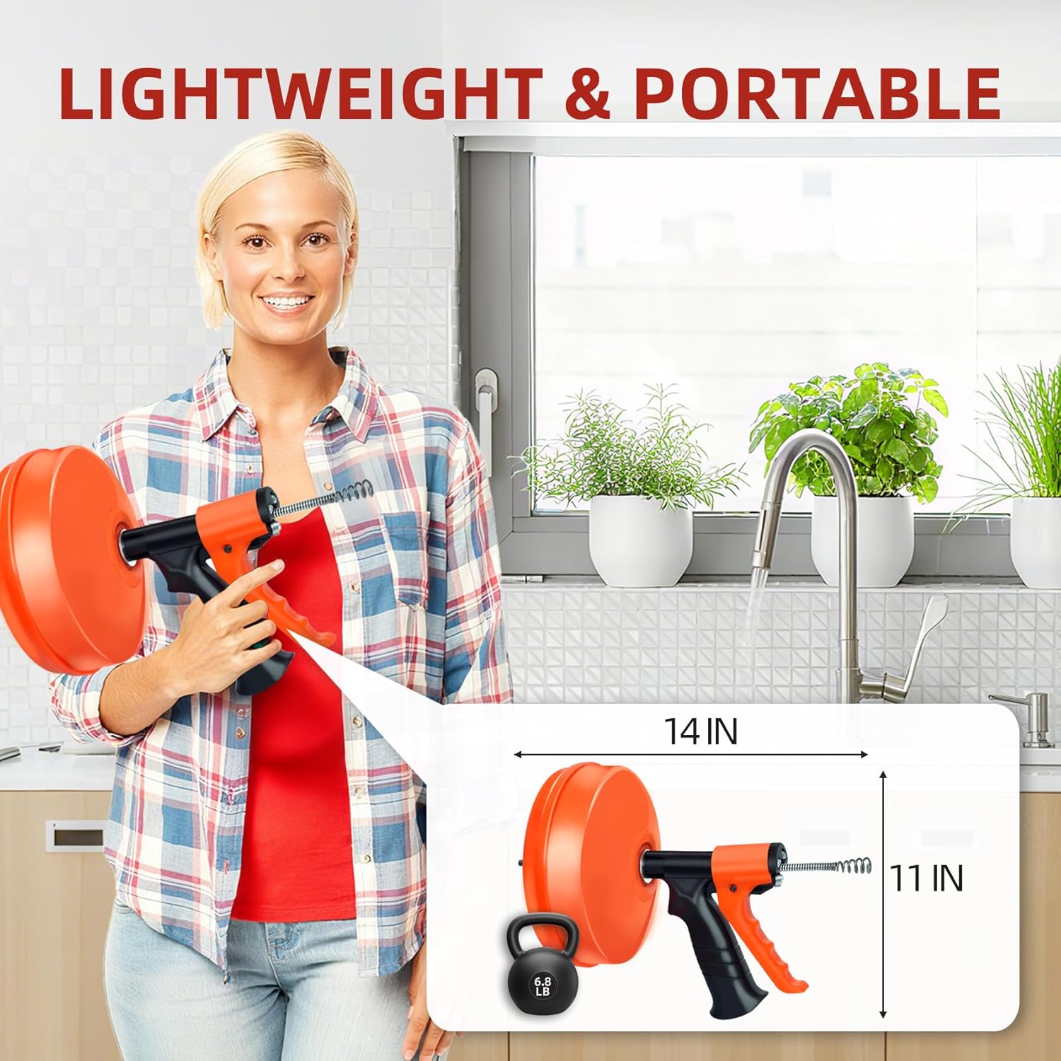 50FT Drain Snake with Auto-Feed - Drill Powered or Manual Plumbing Auger for Sink, Shower, and Bathtub Clog Removal - Includes Gloves & Storage Bag