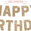 Gold Glitter Happy Birthday Banner - Pre-Assembled 'No DIY' Party Garland for Men & Women - 8 Foot Strand with 7 Inch Letters