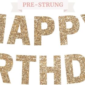 Gold Glitter Happy Birthday Banner - Pre-Assembled 'No DIY' Party Garland for Men & Women - 8 Foot Strand with 7 Inch Letters