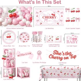 Cherry 'She's the Cherry on Top' Baby Shower Decorations Kit - Complete Pink Red Party Supplies Set with Balloon Arch, Backdrop, Tableware & Bows for Girl Baby Shower