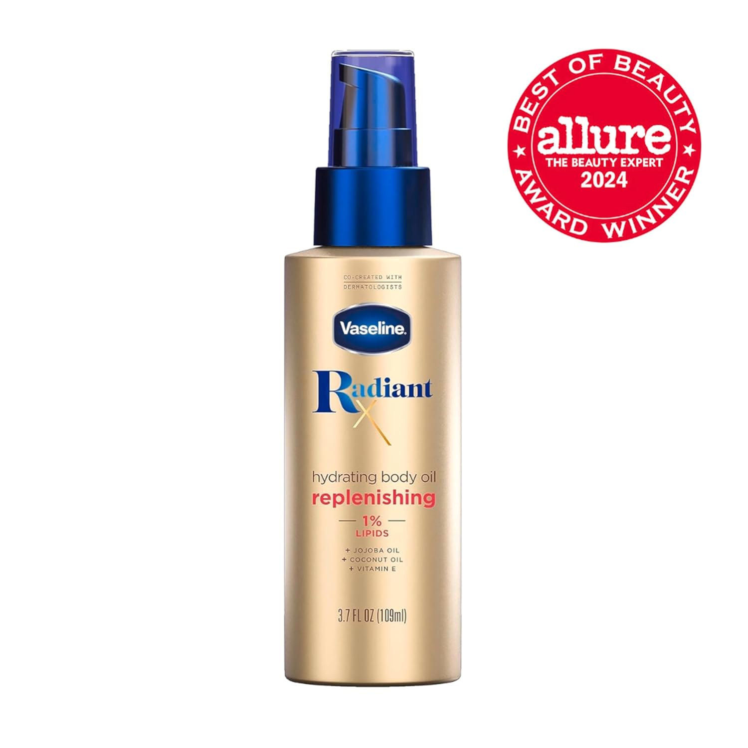 Vaseline Radiant X Replenishing Body Oil with 1% Lipids – Fast-Absorbing Glow Treatment for Dry Skin with Jojoba, Coconut Oil & Vitamin E (3.7 oz)