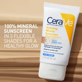 CeraVe Hydrating Mineral Sunscreen SPF 30 Sheer Tint | 100% Mineral UV Protection with Zinc Oxide, Hyaluronic Acid & Ceramides | Non-Greasy, Fragrance-Free Tinted Face Lotion, 1.7 Oz