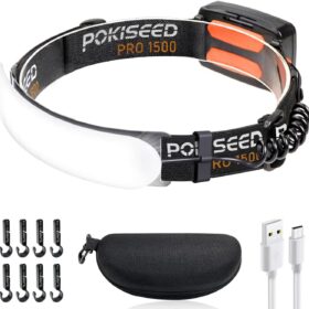 Ultra-Bright Rechargeable LED Headlamp with 230° Wide Beam, 1500 Lumens, IPX6 Waterproof Headlight with Red Taillight & Hard Hat Clips for Camping, Running, and Work