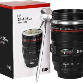 Camera Lens Coffee Mug – Insulated Stainless Steel Travel Cup with Clover Spoon – Funny Gifts for Photographers, Videographers & Photography Lovers