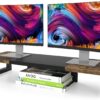 WESTREE Dual Monitor Stand Riser - Wood & Steel Desk Organizer with Storage for 2 Monitors, Laptops, Printers - Ergonomic Height Adjustment (Rustic Brown)