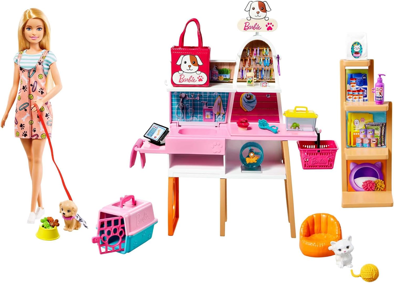 Barbie Pet Boutique Playset with Blonde Doll & 4 Pets, Color-Change Grooming Station & 20+ Accessories