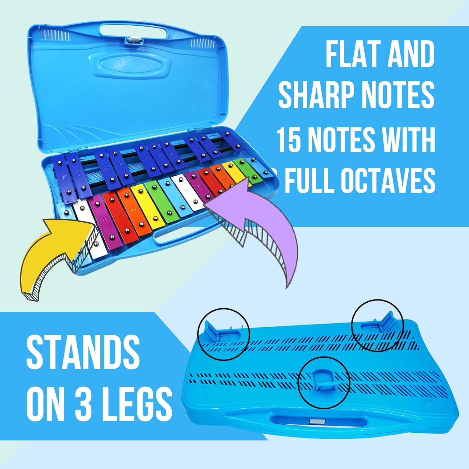 Soulmate 25-Note Professional Xylophone Glockenspiel – Portable Percussion Instrument with 2 Octaves, Carrying Case, and Tuned Mallets for Music Education & Beginners (Blue)
