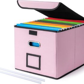 CADONO Collapsible File Organizer Box with Lid – Fabric Hanging Folder Storage Bin with Metal Handle & Label Slot for Home Office (Pink, 14.9 Inch)