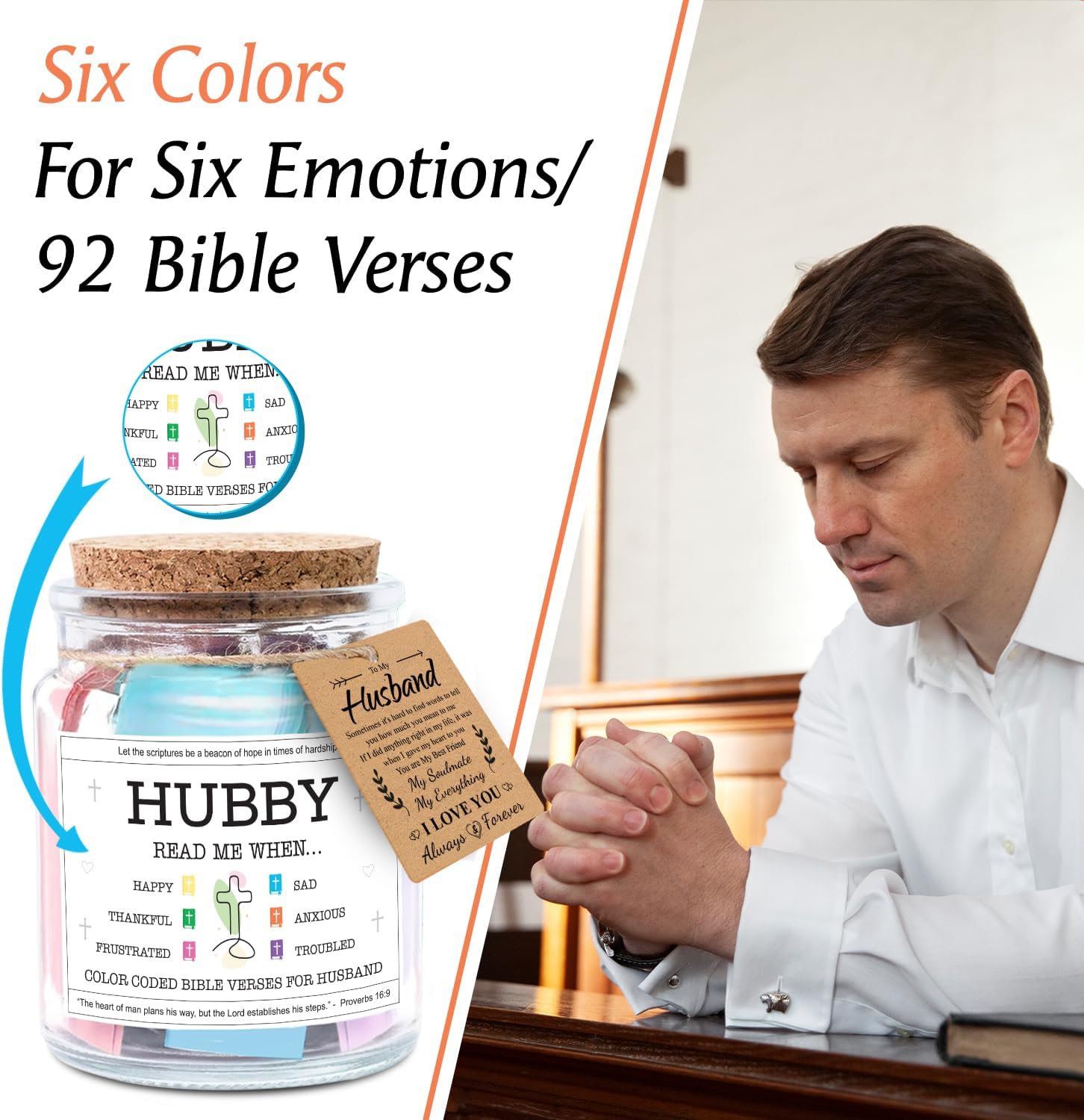 Inspirational Bible Verse Jar for Husband - Christian Gift for Men, Birthday, Anniversary & Valentine’s Day Present with Color-Coded Scripture Rolls