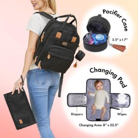 Dikaslon Large Diaper Bag Backpack with Portable Changing Pad, Stroller Straps & Insulated Pockets – Waterproof, Unisex Travel Backpack for New Parents (Black)