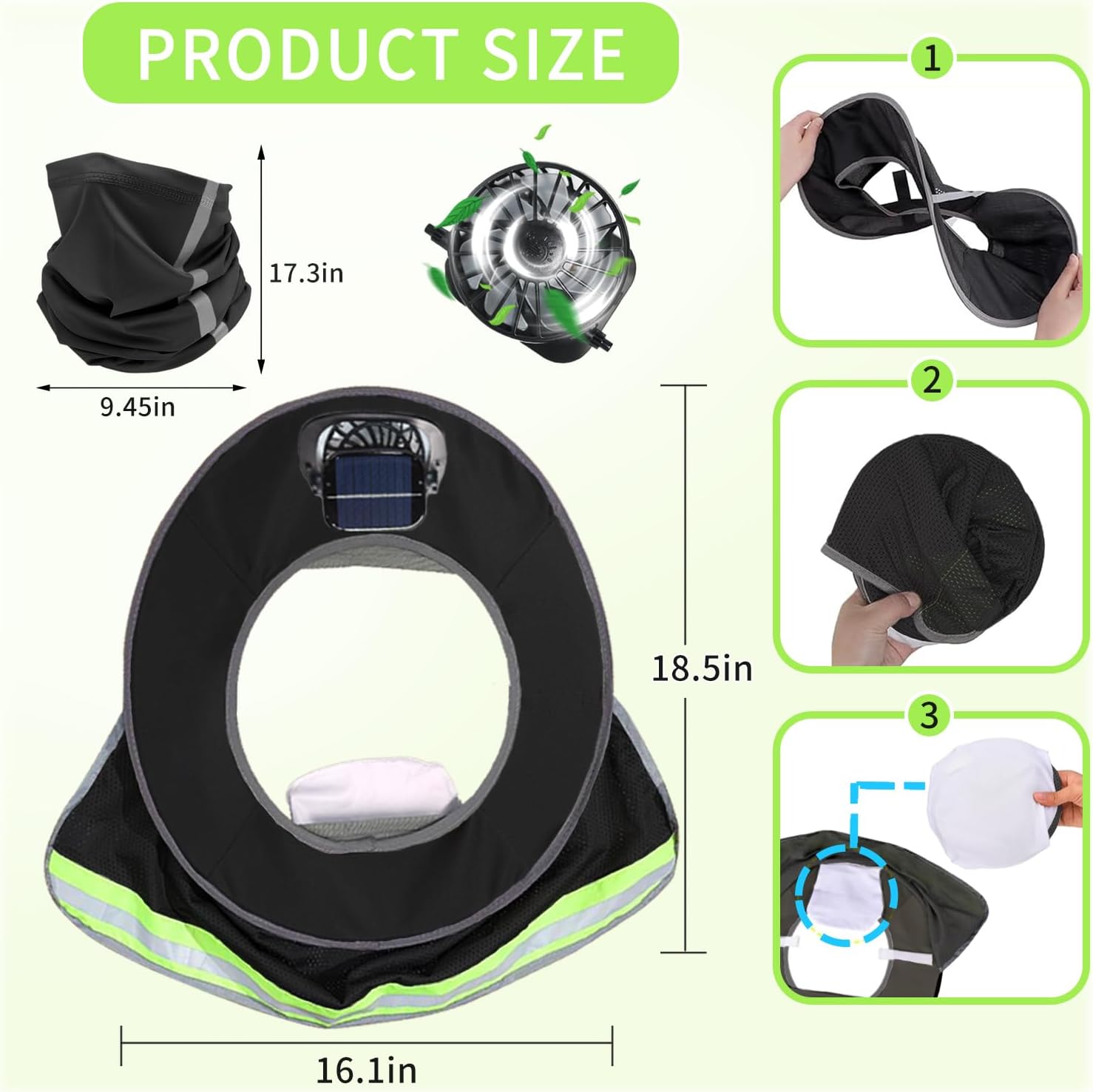 Solar Powered Cooling Hard Hat Accessory with Full Brim Sun Shade & Neck Shield - Rechargeable Dual-Mode Fan for Construction, Fishing, and Outdoor Work