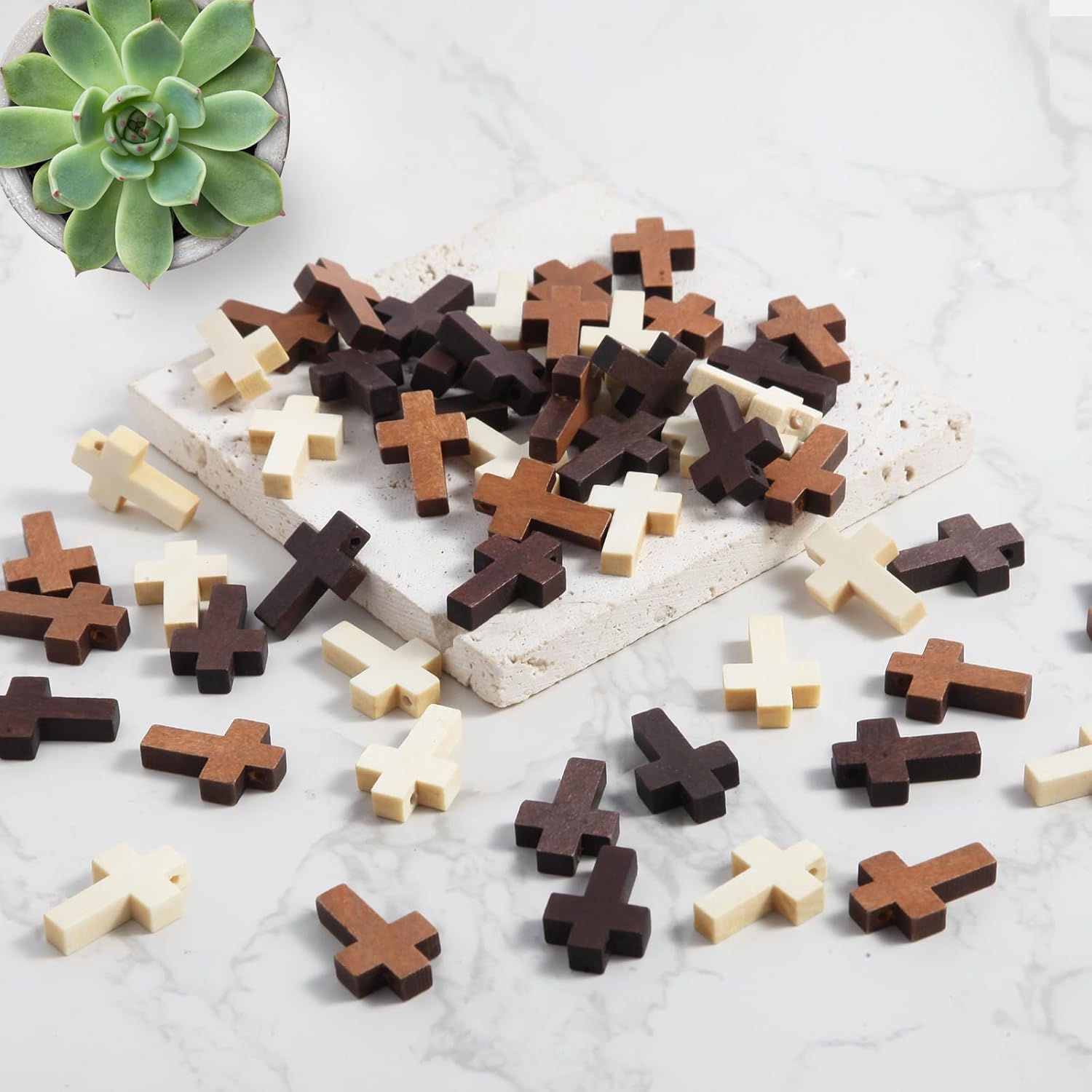 Small Wooden Crosses Bulk Pack – Natural Unfinished Mini Cross Charms for DIY Crafts, Easter Egg Fillers, VBS & Christian Gifts (3 Colors)