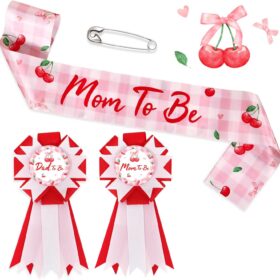 Cherry on Top Baby Shower Sash & Corsage Set – Mommy to Be Sash with Dad to Be Boutonniere – Pink Gingham Party Accessories & Decorations