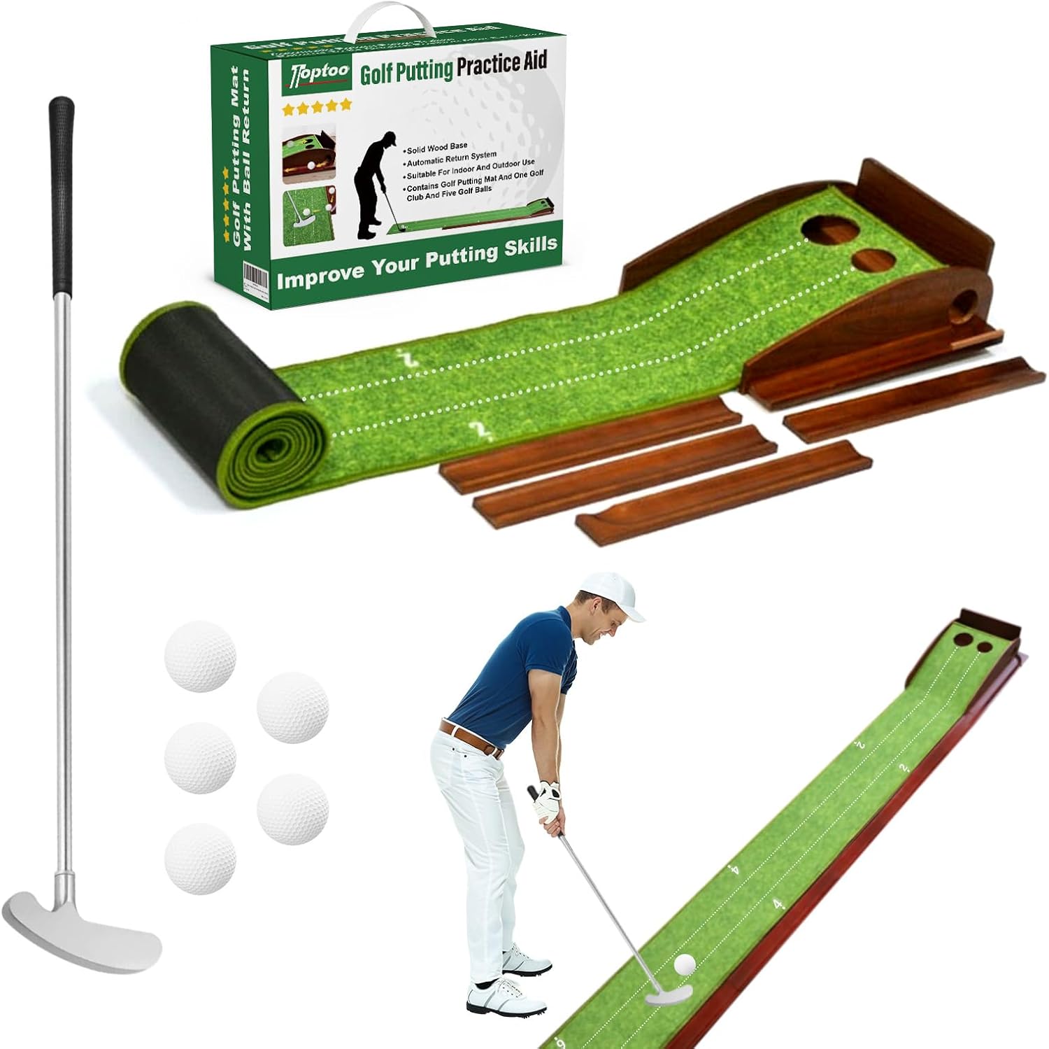 Toptoo Golf Putting Mat with Automatic Ball Return – 9.84 ft Indoor/Outdoor Practice Green with Putter & 5 Balls