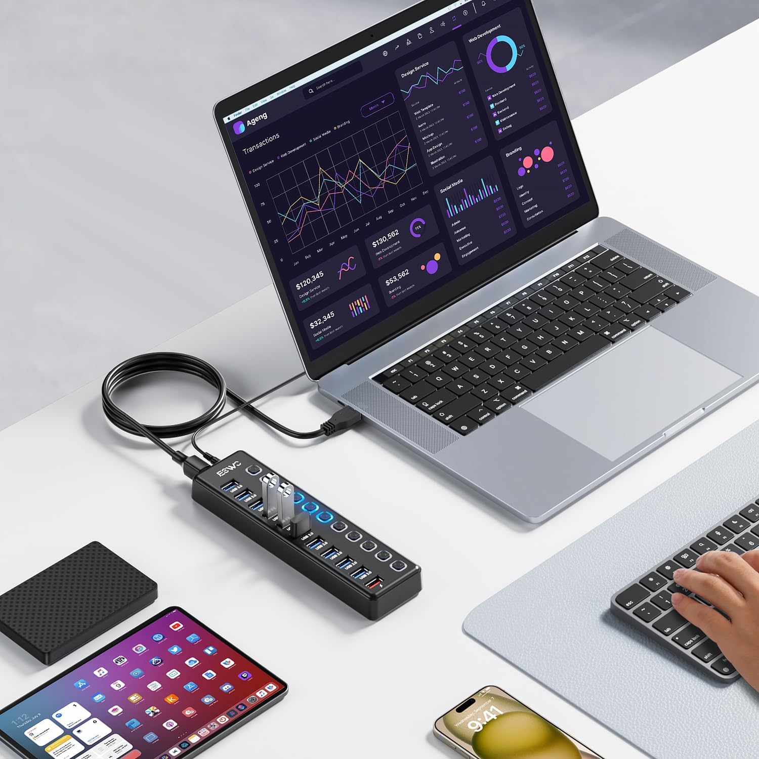 JESWO 11-Port USB 3.0 Hub with 36W Power Adapter – 10 Data Ports & 1 Smart Charging Port with Individual On/Off Switches and 5Gbps High-Speed Data Transfer for PC, Laptop, Mac