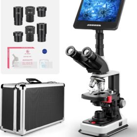 Vabiooth Lab Trinocular Compound Microscope with 7-Inch 24MP LCD Monitor, 40X-2500X Magnification, 4K HDMI Output, Mechanical Stage, and Carrying Case