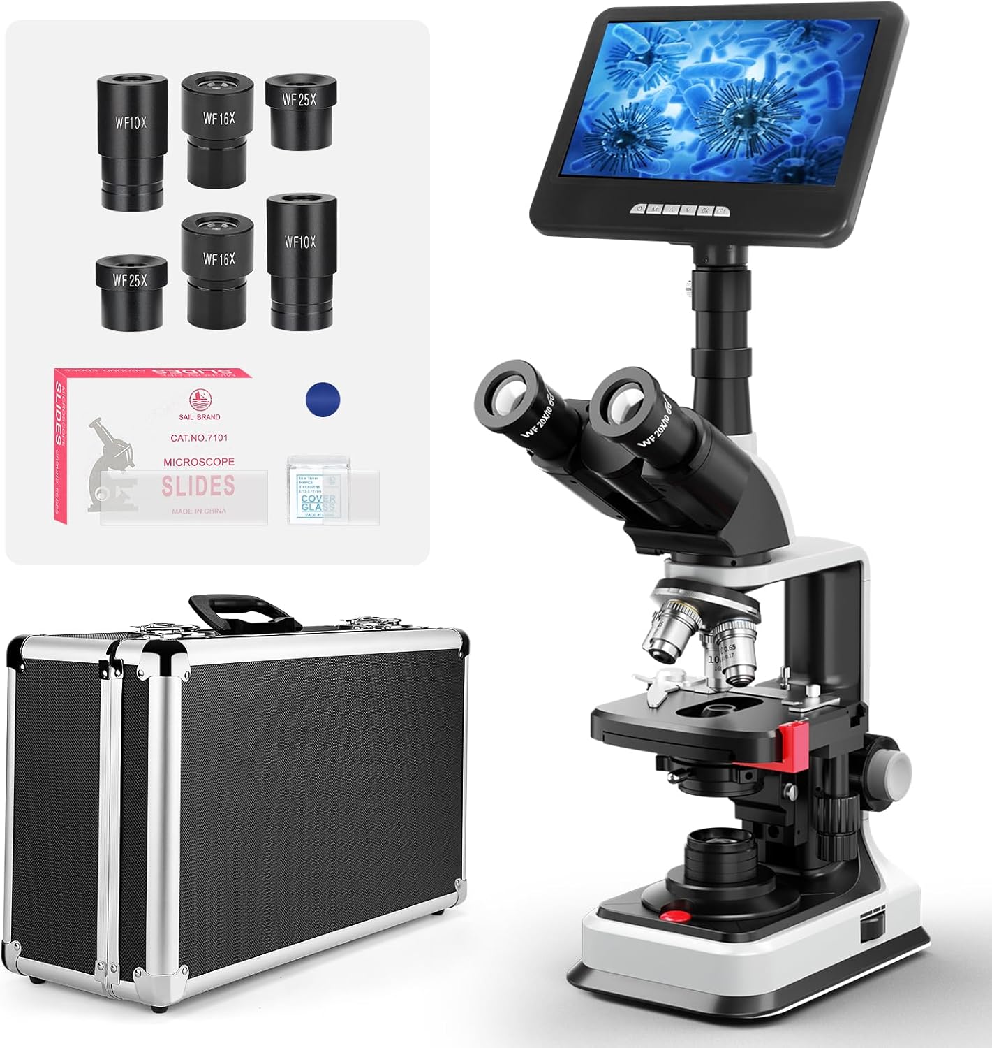Vabiooth Lab Trinocular Compound Microscope with 7-Inch 24MP LCD Monitor, 40X-2500X Magnification, 4K HDMI Output, Mechanical Stage, and Carrying Case