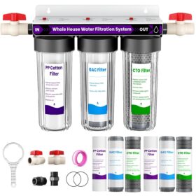 3-Stage Whole House Water Filtration System – High Flow 15 GPM Reduce Chlorine, Taste, Odor – Includes 12 Months of Filters & 3/4” Ports