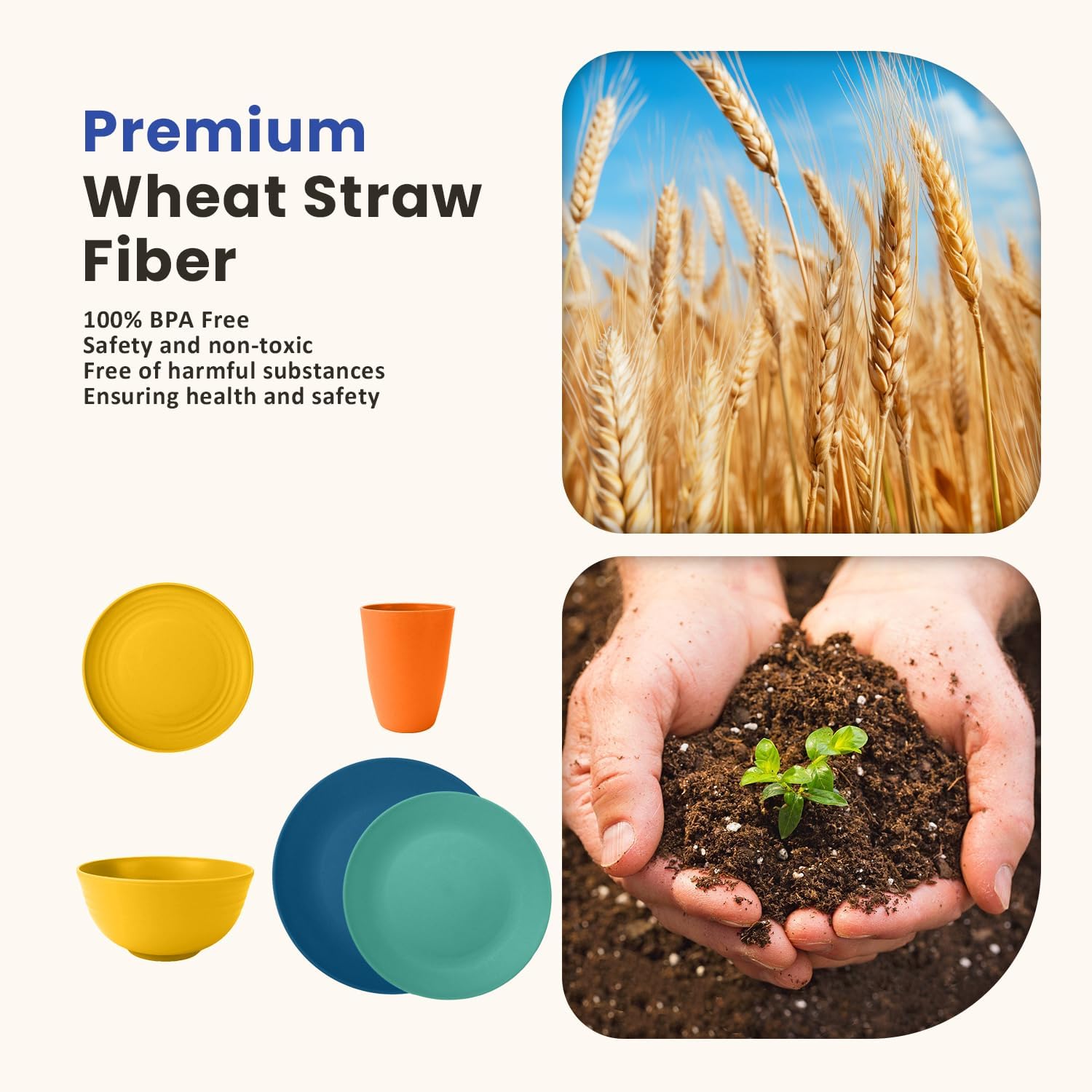 Homienly 40-Piece Wheat Straw Dinnerware Set – Unbreakable, Lightweight Service for 8 with Microwave & Dishwasher Safe Plates, Bowls, and Cups