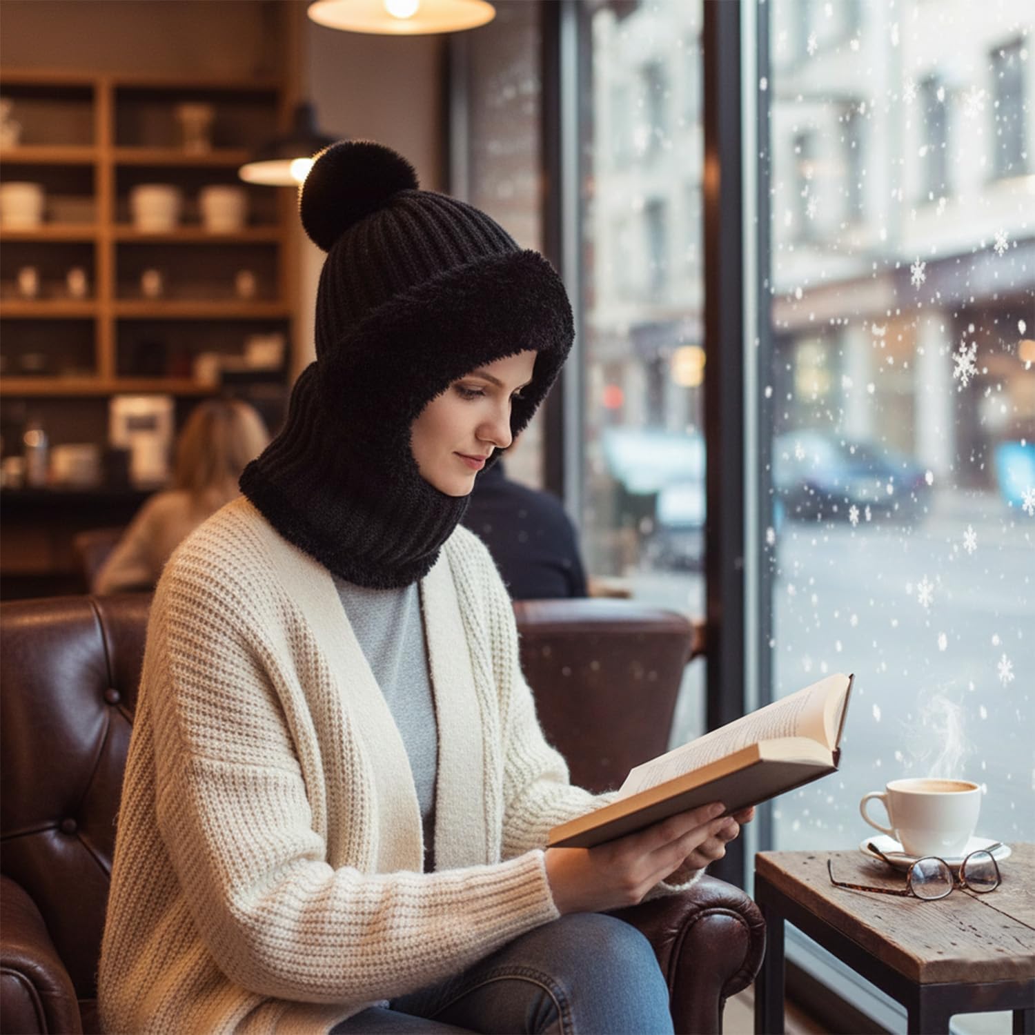 HUAMULAN Women's Winter Fleece Lined Knit Beanie & Balaclava Set - Warm Pom Pom Skull Cap with Neck Warmer for Skiing, Snowboarding & Cold Weather