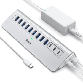 intpw 12-Port Powered USB C Hub - 10Gbps High Speed Data & 45W PD Charging with 65W Adapter, Aluminum Multiport Expansion for Laptop and PC