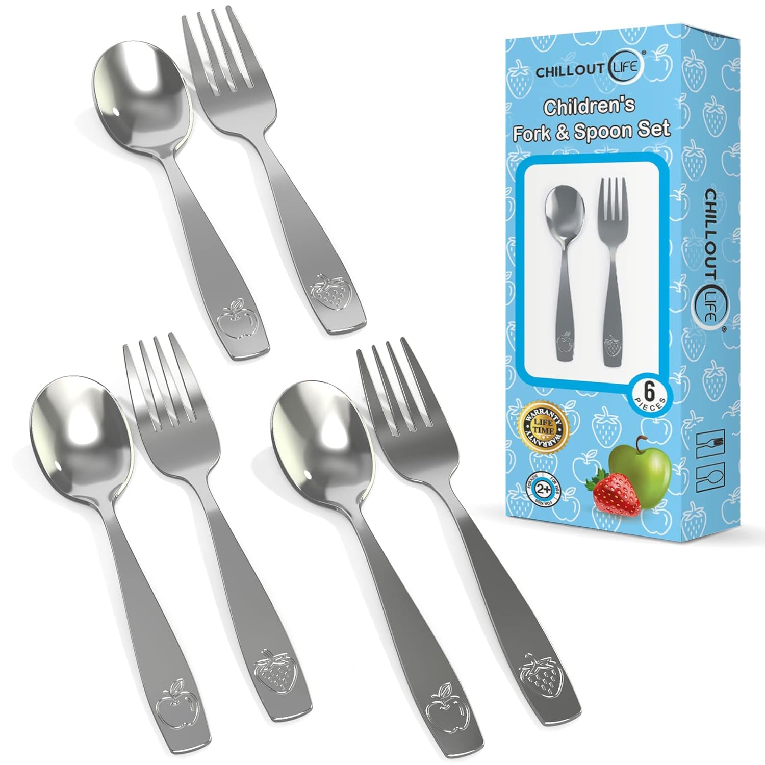 CHILLOUT LIFE 6-Piece Kids Stainless Steel Silverware Set – Ergonomic Toddler Flatware with Fruit Engravings (3 Spoons & 3 Forks)