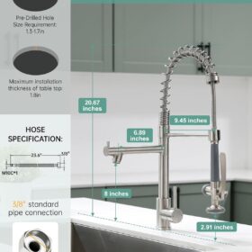 Fapully Commercial Pre-Rinse Kitchen Faucet with Pull Down Sprayer and Pot Filler Spout, Single Handle High Arc Spring Faucet for Kitchen Sink, 360° Swivel, Brushed Nickel