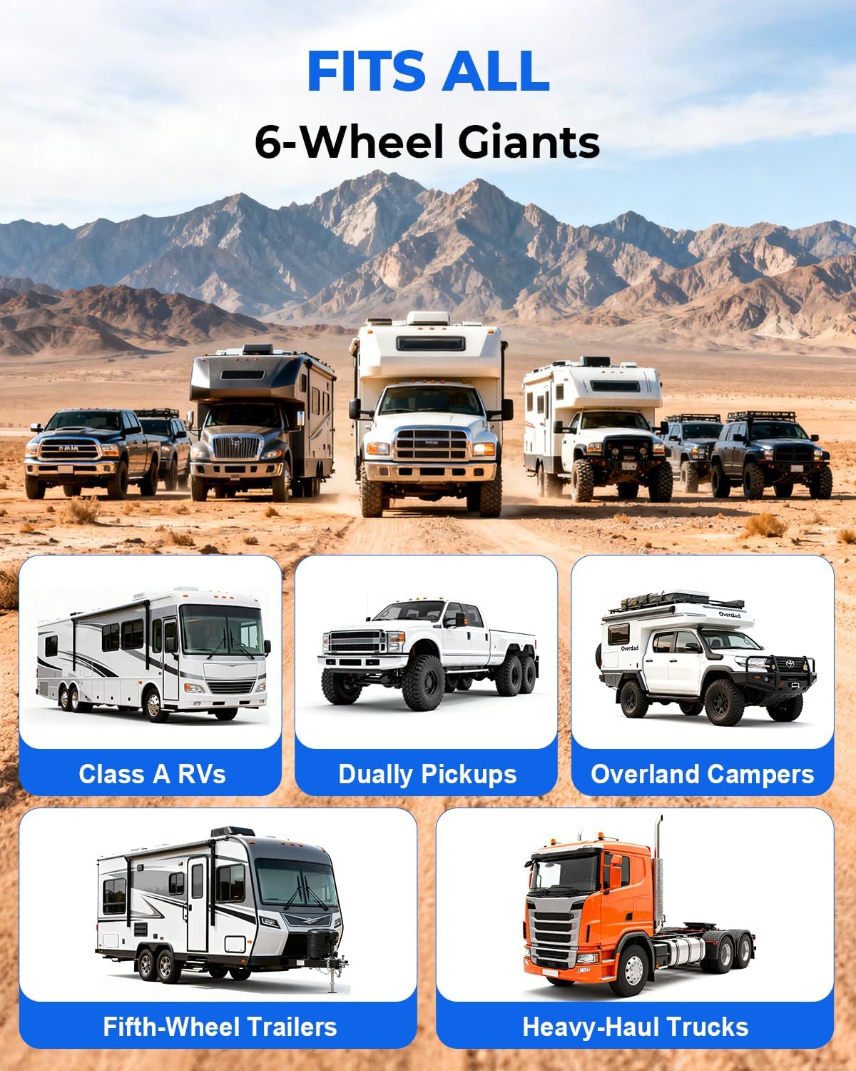6-Wheel RV & Truck TPMS with 4in Solar LCD Display | Real-Time Tire Pressure Monitoring System Kit