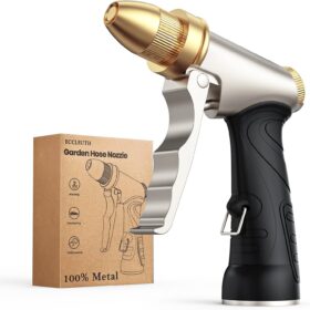 Heavy Duty Brass Garden Hose Nozzle – High Pressure Metal Water Spray Wand with 4-Way Adjustable Flow for Car Washing, Gardening & Pets