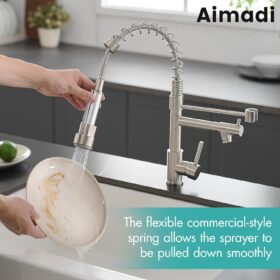 AIMADI Contemporary Single Handle Kitchen Faucet with Pull Down Sprayer – Brushed Nickel Spring Design – 360° Swivel & Easy DIY Installation