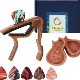 Rosewood Guitar Capo Gift Set - Complete Accessory Kit with Premium Pick Holder, 6 Picks, and Blue Gift Box for Acoustic, Electric & Bass
