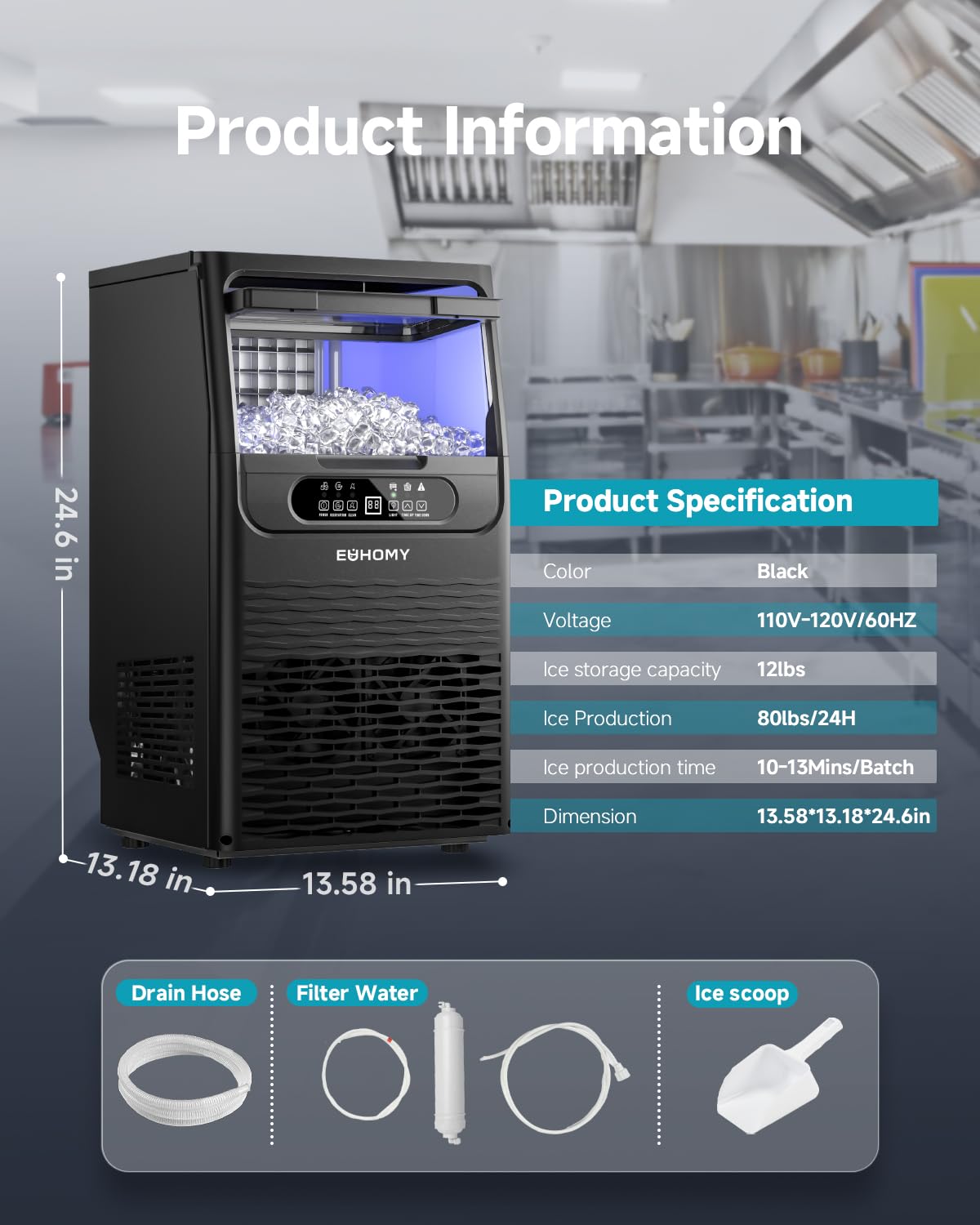 EUHOMY Commercial Ice Maker Machine - 80 lbs/24H, Under Counter Freestanding Ice Cube Maker with Water Filter, 36 Clear Cubes in 8-12 Mins, 12 lbs Storage for Home, Bar, Cafe