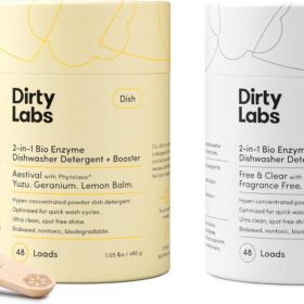 Dirty Labs Signature Dishwasher Detergent & Booster Bundle – 96 Loads | Phytolase Enzyme Clean, Eco-Friendly Powder, Plastic-Free, Aestival & Free & Clear