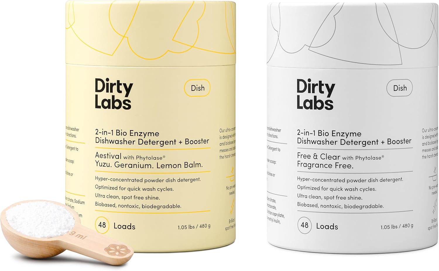 Dirty Labs Signature Dishwasher Detergent & Booster Bundle – 96 Loads | Phytolase Enzyme Clean, Eco-Friendly Powder, Plastic-Free, Aestival & Free & Clear
