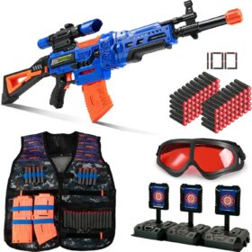 Bigpower Electric Sniper Rifle Toy Set with Tactical Vest & Scope – 4-in-1 Modular Foam Dart Blaster Kit with Removable Magazines, Glasses & Targets for Boys 8-12