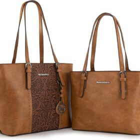 Montana West Embossed Leather Tote Bag for Women – 2-Piece Purse and Handbag Set with Rhinestone Accents, Large Casual Shoulder Tote