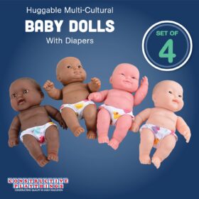 Constructive Playthings Huggable 10-Inch Multi-Cultural Baby Dolls – Set of 4 Diverse Vinyl Dolls with Diapers for Social-Emotional Learning & Nurturing Play