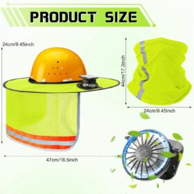 Solar Powered Hard Hat Cooling Fan Kit with Full Brim Neck Shade & High Visibility Reflective Mesh – Summer Heat Safety Gear for Construction & Landscaping (Fluorescent Yellow)