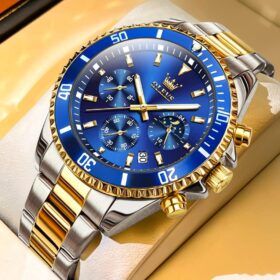 OLEVS Luxury Gold Chronograph Watch for Men – Stainless Steel Analog Wristwatch with Date Display, Rotatable Bezel, and Multicolor Dial