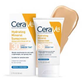 CeraVe Hydrating Mineral Sunscreen SPF 30 Sheer Tint | 100% Mineral UV Protection with Zinc Oxide, Hyaluronic Acid & Ceramides | Non-Greasy, Fragrance-Free Tinted Face Lotion, 1.7 Oz
