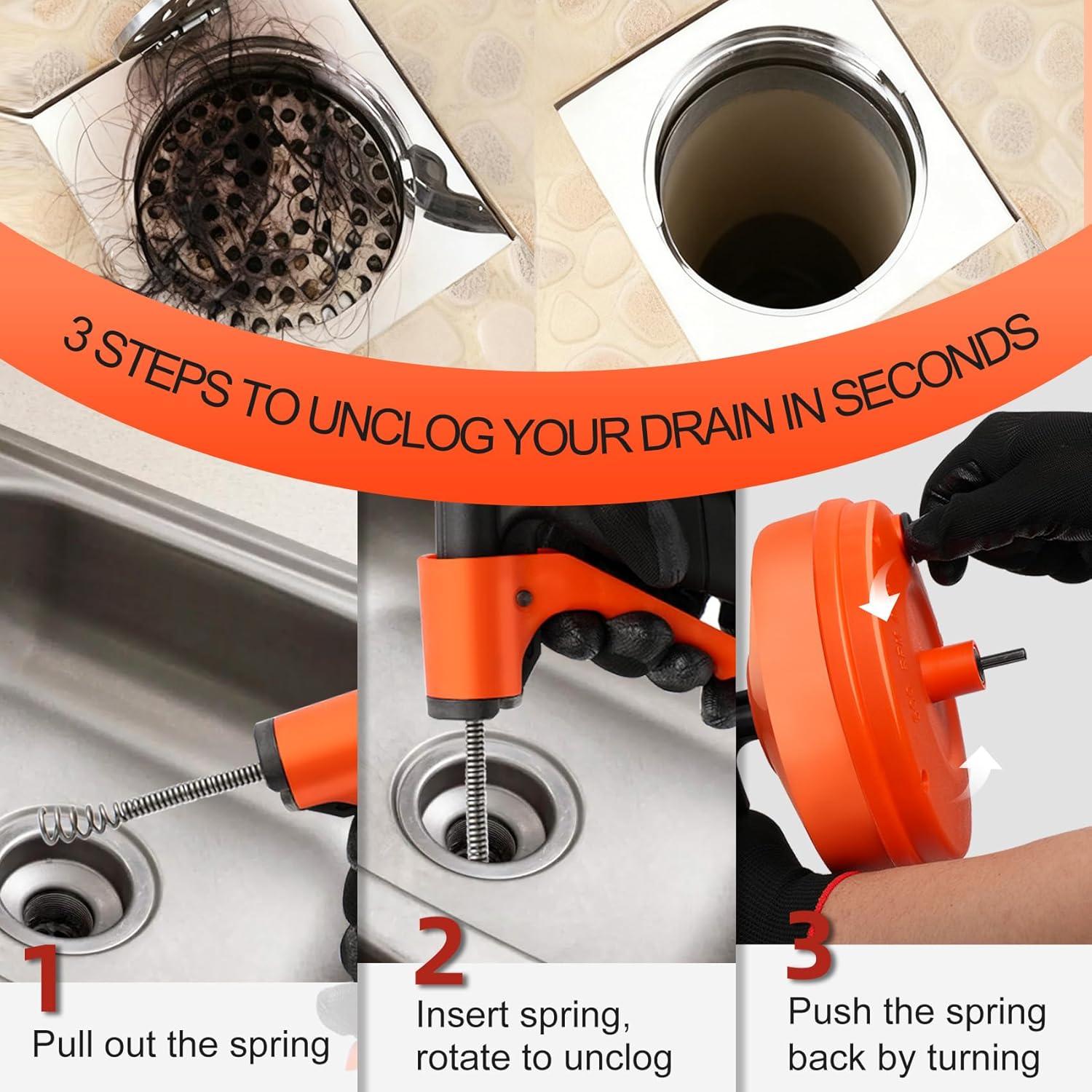 50FT Drain Snake with Auto-Feed - Drill Powered or Manual Plumbing Auger for Sink, Shower, and Bathtub Clog Removal - Includes Gloves & Storage Bag