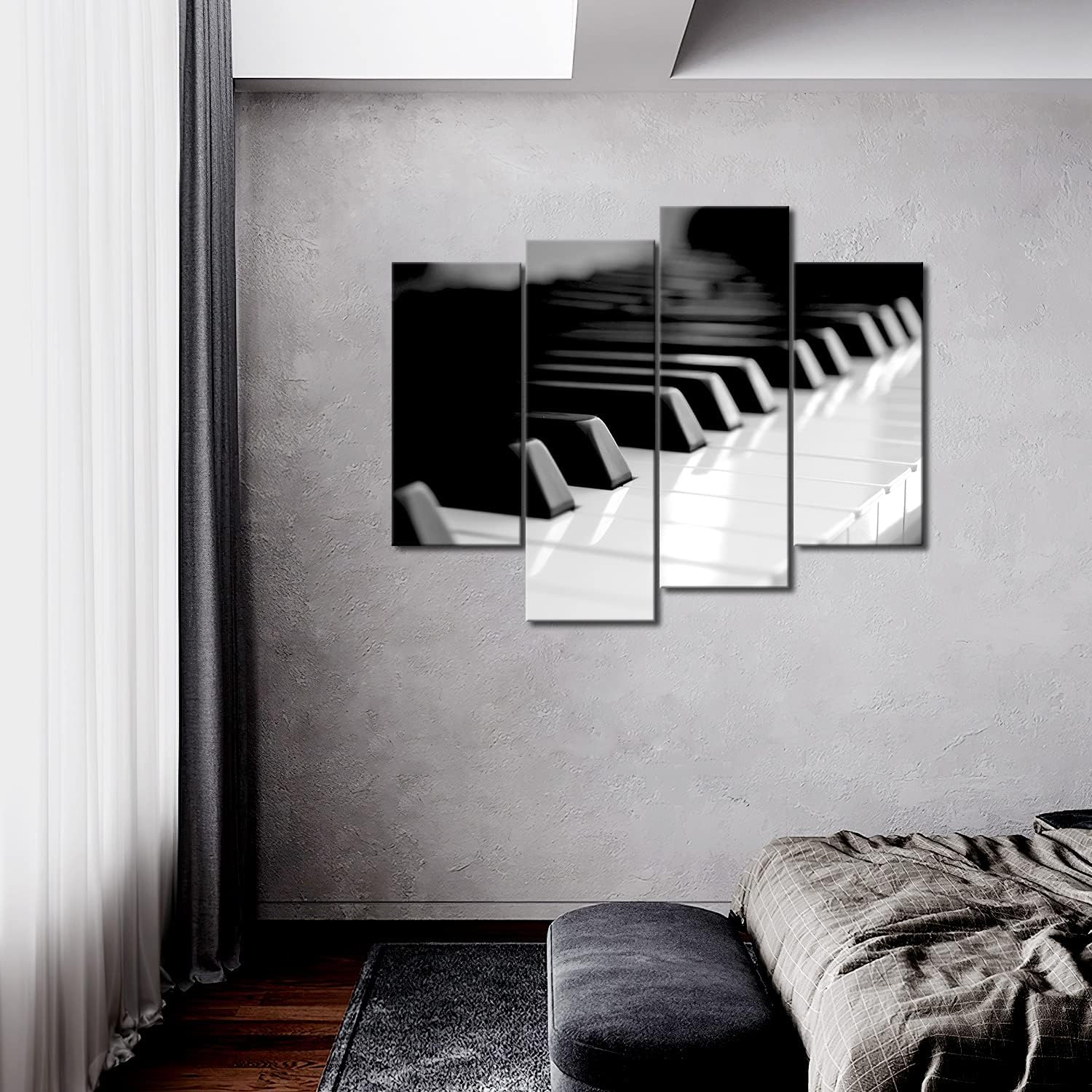 Melody in Monochrome: Black & White Piano Keyboard Canvas Wall Art - 4 Panel Modern Home Decor