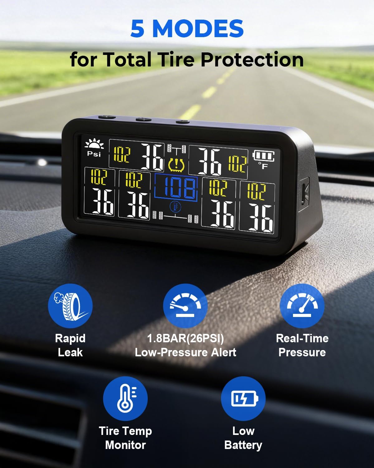 6-Wheel RV & Truck TPMS with 4in Solar LCD Display | Real-Time Tire Pressure Monitoring System Kit