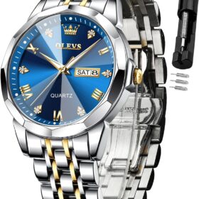 OLEVS Luxury Diamond Analog Watch for Men – Two-Tone Stainless Steel Business Dress Wristwatch with Blue Dial, Luminous Hands, and Date Display