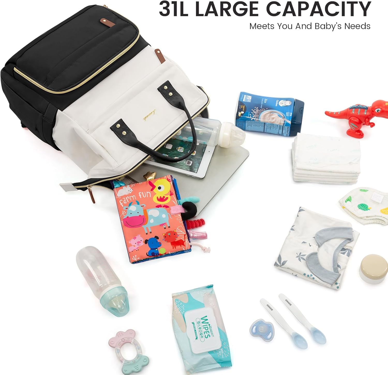 LOVEVOOK Diaper Bag Backpack with Changing Station – Large 16-Pocket Waterproof Travel Bag for Mom & Dad, Black-Beige