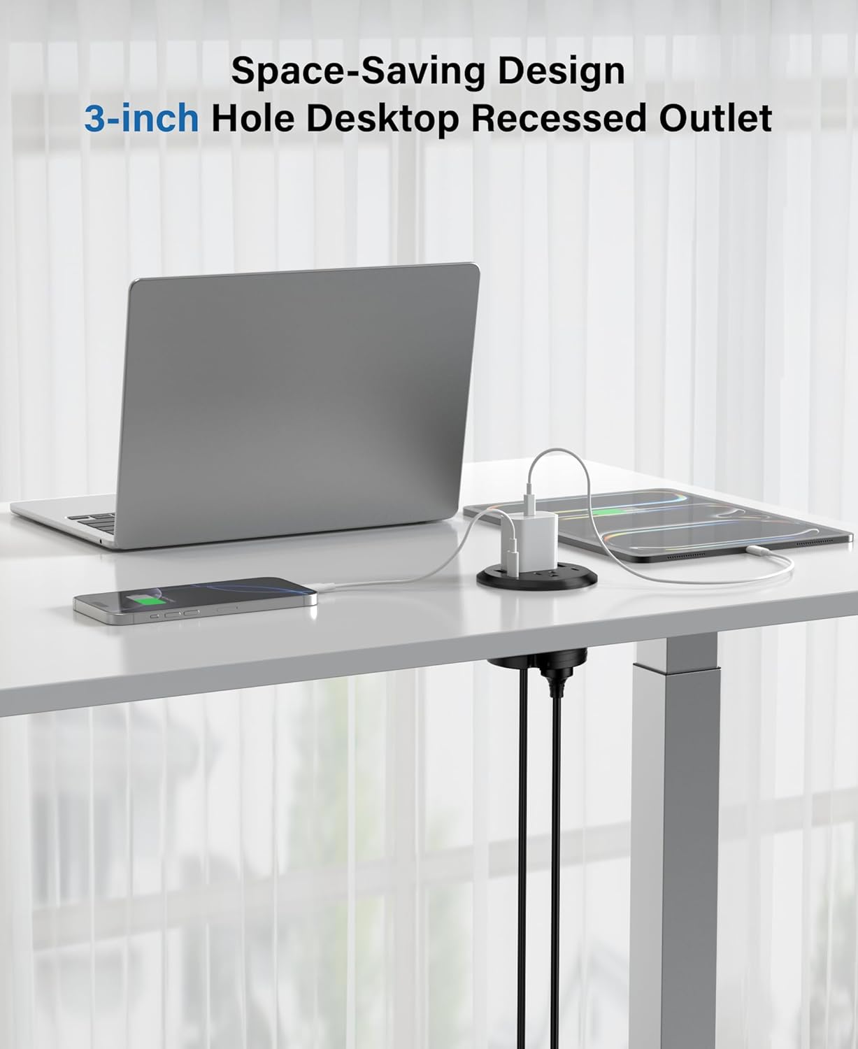 Jgstkcity Recessed Power Strip – 65W USB C Fast Charging Desktop Grommet with 4 AC Outlets & 4 USB Ports – 3-Inch Hole Mount, Surge Protected (Black, 6FT)