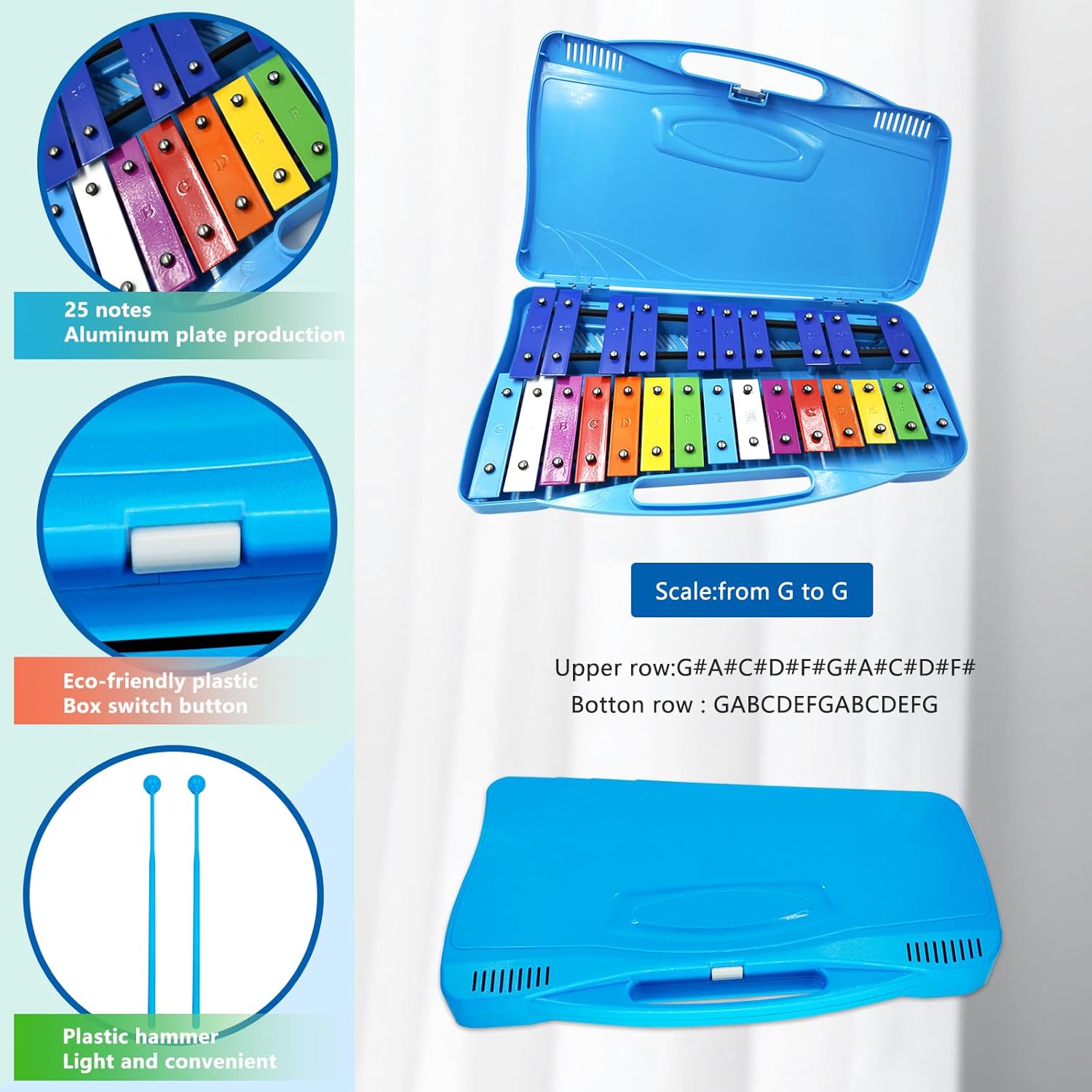 Soulmate 25-Note Professional Xylophone Glockenspiel – Portable Percussion Instrument with 2 Octaves, Carrying Case, and Tuned Mallets for Music Education & Beginners (Blue)