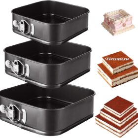 3-Piece Square Springform Pan Set – Non-Stick Carbon Steel Cake Pans with Removable Bottoms (8, 9, 10 Inch) for Cheesecake, Quiche, and Pizza