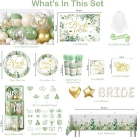 cocomigo 320 PCS Sage Green Bridal Shower Decorations - Complete Party Kit with Backdrop, Balloon Arch, & Tableware for 25 Guests