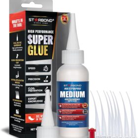 Starbond Industrial Medium CA Glue Pro Kit – 2 oz. Premium Super Glue with Anti-Clog Cap, Precision Micro-Tips, and Extra Nozzles for Woodworking, Model Making, and Rapid Repairs